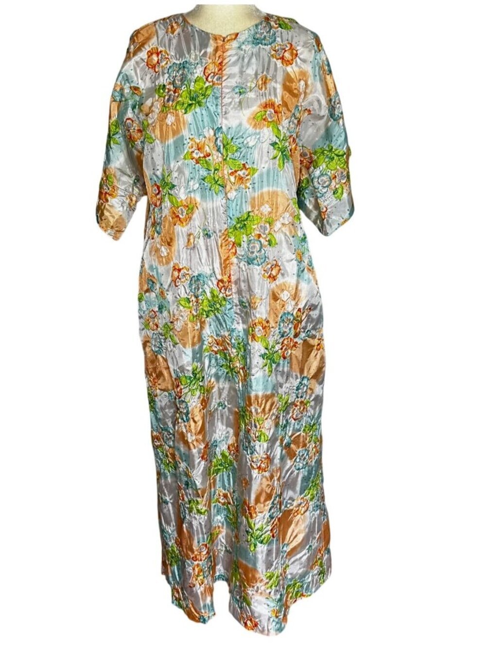 Vintage 70s The Roberie Floral Kaftan Housecoat Bell Sleeve Zip Front Large